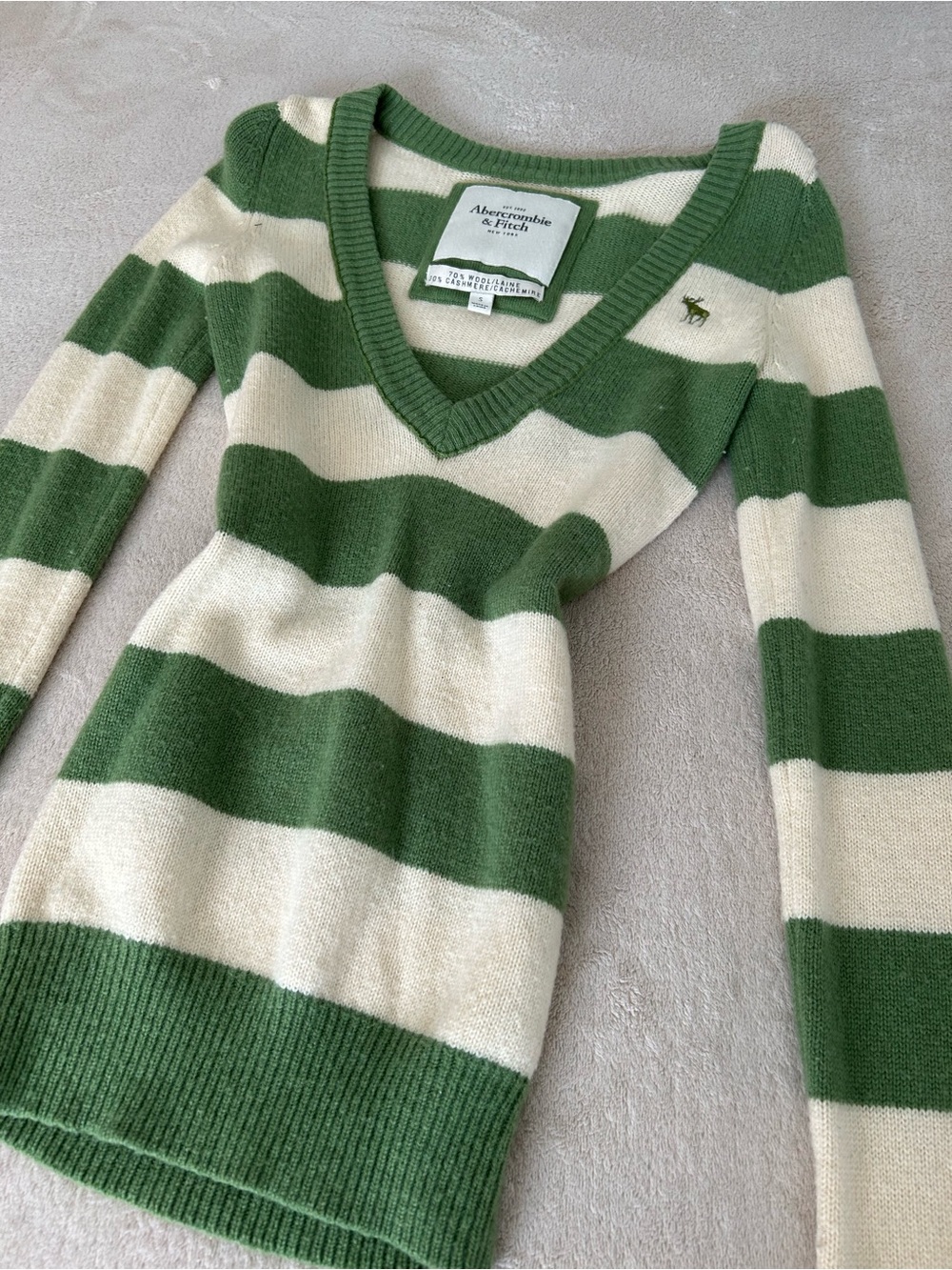 Abercrombie & Fitch Green and Cream Striped V-Neck Sweater Dress
